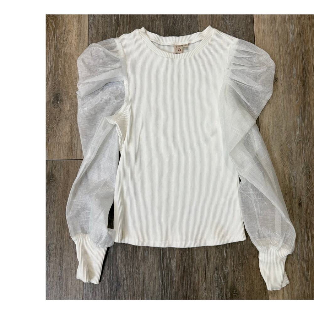 Anthropologie Dolan Top Small White Ribbed Sheer Puff Sleeve Blouse Romantic